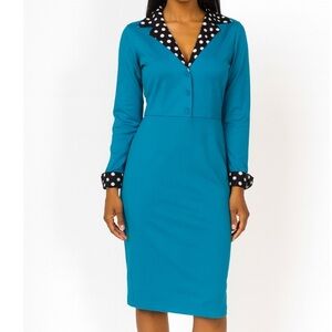 LunaJany Lapel Polka Dot Long Sleeve Wear to Work Office Pencil Dress SZ M NEW